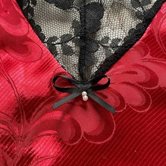 Vintage Red Black Jacquard Satin Lace Trim Teddy Lingerie 90s Small Whimsigoth - Picture 2 of 8